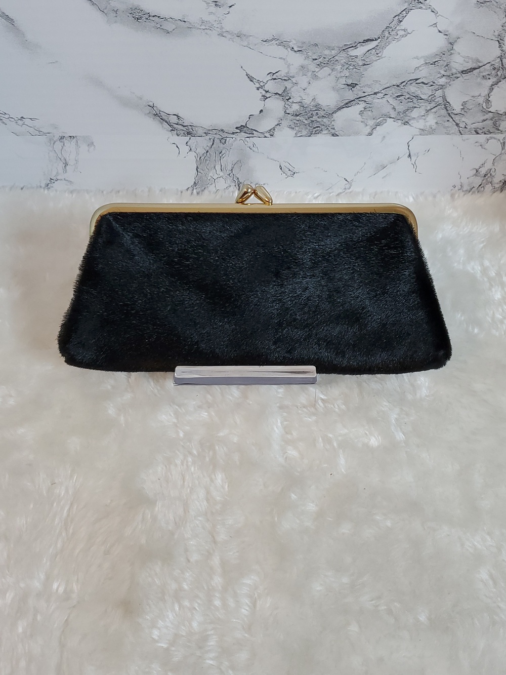 Bond Street Vintage Black Calf Hair Frame Clutch with Gold-Tone Kiss Lock EUC